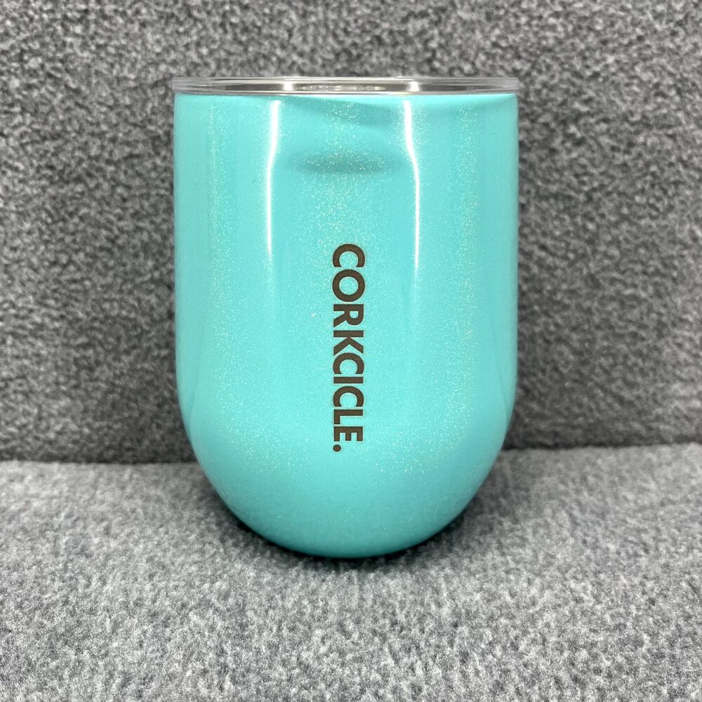 Corkcicle Stemless Cup Tael Aqua Glitter Insulated Wine Glass‎ cold hot 12 oz